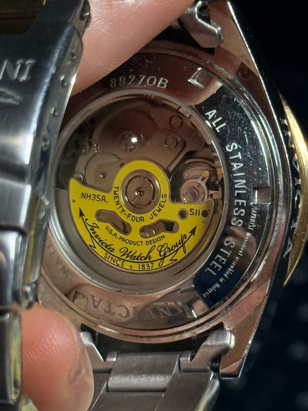 Invicta Stainless Steel Watch Movement with Yellow Rotor Accent